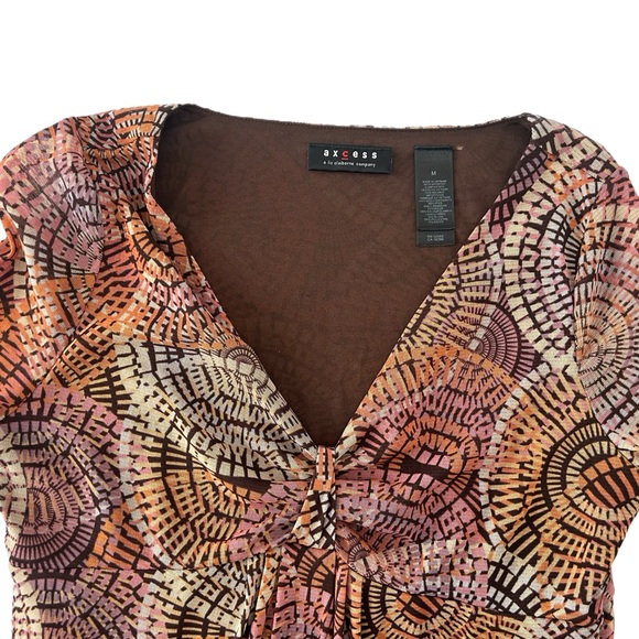 Vintage Axcess Brown/ Orange/ Pink  Sheer Sleeves Blouse Women Size M (Medium) - Picture 3 of 8